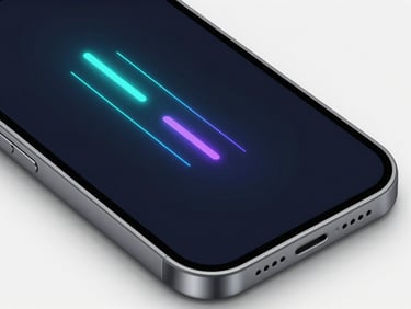 Sleek 3D render of an abstract mobile interface showing glowing data paths, dark mode, vibrant neon accents, sharp focus, macro shot