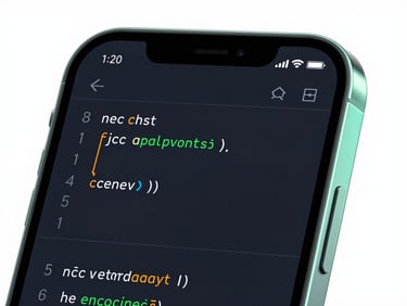 Sleek 3D render of a mobile interface displaying a clean code terminal, dark mode with vibrant neon-mint backlighting, sharp geometric composition, macro shot