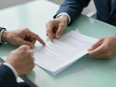 Close-up of hands reviewing financial documents on a modern desk, clean angles, natural daylight, corporate blue and green tones.