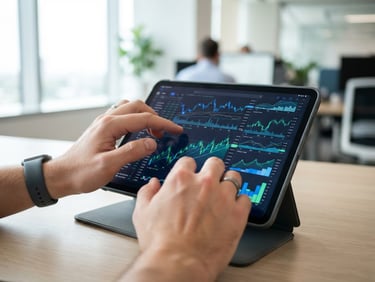 Close-up de mãos digitando em um tablet com gráficos financeiros, luz natural, tons de azul e verde corporativos, foco nítido.