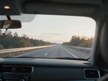 Soft Scandinavian morning light inside a clean car cabin, view of the highway through the windshield, calm atmosphere