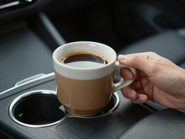 A hand holding a warm ceramic coffee cup in a car cup holder, soft daylight, cozy interior detailing