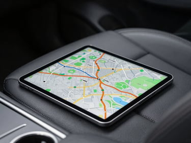 A professional tablet showing a map route resting on a clean leather car seat, soft side window lighting