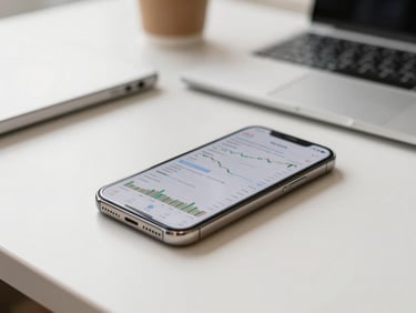 A smartphone on a desk showing financial charts, bright editorial photography.