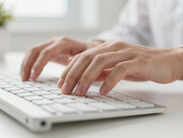 Close-up of hands typing on a modern keyboard, clean workspace, soft natural daylight.