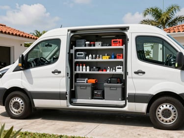 A clean service van parked in a sunny South Florida driveway, side door open showing neatly organized shelves of replacement parts and diagnostic tools