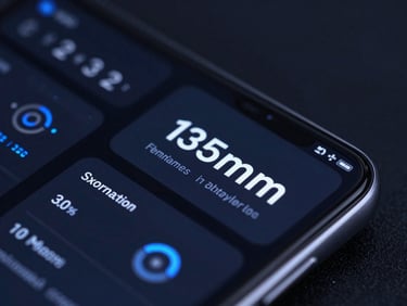 Macro close-up of high-end mobile hardware displaying complex telemetry UI layouts, low-key dramatic studio lighting, deep obsidian and electric blue tones, sharp focus, 35mm