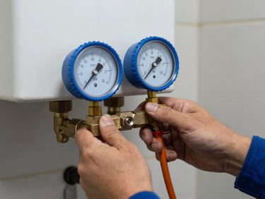 Close-up of a technician's hands using a pressure gauge on a water heater, uniform sleeve visible, natural indoor utility room lighting, clean blue and orange tones, sharp focus, 35mm lens