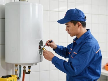 Technician in uniform installing a new electric water heater, tools nearby, clean and structured grid background, natural indoor utility room lighting, clean blue and orange tones, sharp focus, 35mm lens