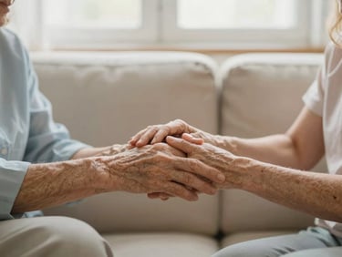 Mãos de uma neta segurando as mãos de sua avó idosa em um sofá, luz natural suave, foco na conexão e conforto.