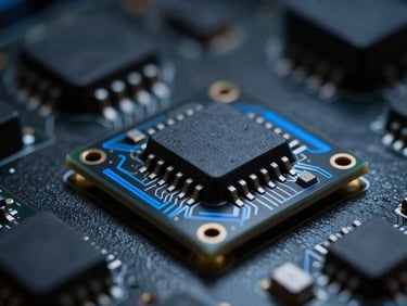Macro shot of an industrial microcontroller with cool blue technical highlights, deep obsidian and slate tones, low-key lighting, focused perspective.