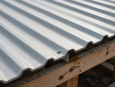 Close-up detail of corrugated metal roofing sheets at a seam joint, natural daylight from above, fasteners visible, framing timber below the sheet edge
