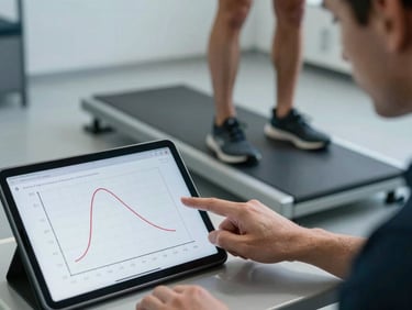 Close-up of a coach pointing to a tablet screen displaying biomechanical force curves, an athlete standing on a force plate in the background, cool clinical lighting