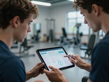 Side profile of a coach and athlete analyzing data on a tablet screen in a modern sports science facility. Cool-toned lighting, sharp focus on the digital interface and the athlete's concentrated expression, chalk-dusted hands visible.