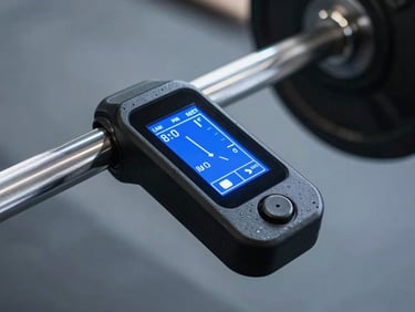 Close-up of a velocity-based training sensor attached to a barbell, digital interface showing real-time velocity metrics in electric blue, clean cool-toned lighting.