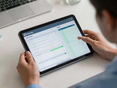 Overhead shot of a clinic staff member's hands operating a tablet showing a multi-panel analytics dashboard with patient appointment counts, voice intake logs, and green chart lines, clean desk surface, ambient LED office lighting, professional clinical environment