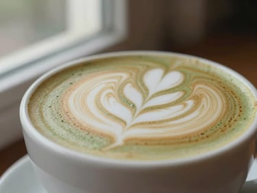 Close-up of a freshly poured warm latte with rich crema, beautiful latte art, soft morning window light, shallow depth of field, 35mm
