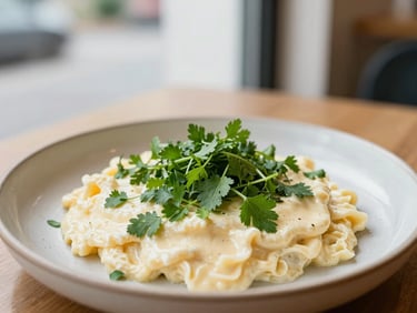 Eye-level shot of a hearty comforting meal on a ceramic plate, fresh green herbs, soft natural light, cozy café environment, shallow depth of field