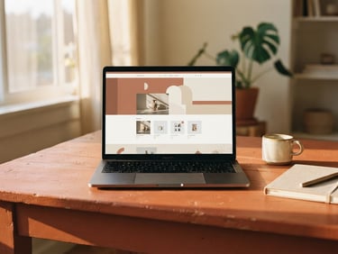 Minimalist laptop mockup on a warm terracotta colored desk, soft golden hour window light casting long shadows, clean website layout visible on screen, 35mm photography