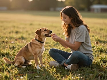 A volunteer sitting on a grassy lawn in Indiana, gently offering a treat to a happy, attentive mixed-breed dog, warm golden hour.