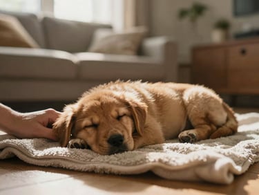 A cozy living room setting where a sleeping puppy rests on a soft blanket next to a foster parent's hand, warm natural light.