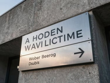 Close-up of an anodized aluminum wayfinding sign inside a modern concrete building, minimalist typography, crisp daylight.