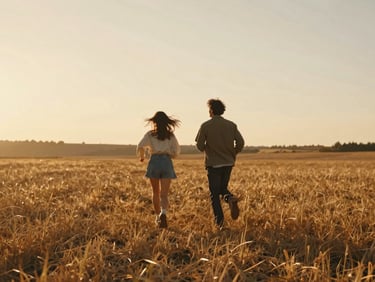 Cinematic wide shot of a couple running through a golden-hour field, warm backlighting, wind-blown hair, 35mm film look