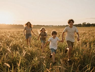 A family running through a sun-drenched field of tall grass, children laughing, golden hour backlighting