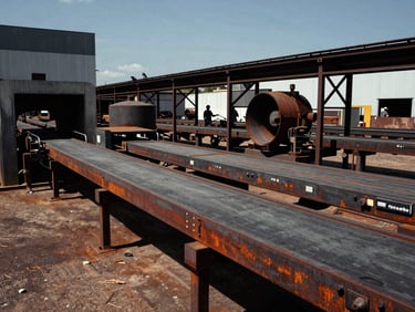 Industrial documentary photography, dramatic low-sun daylight, deep rust and slate tones, wide-angle cinematic lens, active processing conveyor belts and logistics hub in Tocantins.