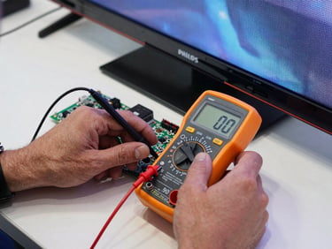 Close-up of a professional technician's clean hands using a precise digital multimeter to test the power board of a large Philips LED TV, bright technical lighting