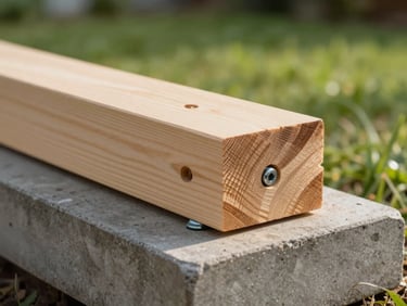 Close-up of a timber bearer resting on a concrete footing pad in a garden setting, morning sidelight catching the grain and the fixing bolt, shallow depth of field with green lawn blurred behind