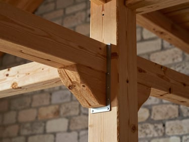 Tight close-up detail shot of a heavy timber rafter-to-wall-plate connection on a lean-to structure, morning sidelight revealing the grain of the wood and the precision of the cut joint, metal connector hardware visible, rendered masonry wall in soft background