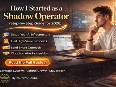 Step-by-step guide for a shadow operator showing AI infrastructure setup and high-value prospect outreach.