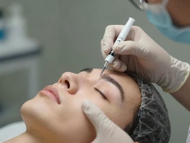 Close-up of precise hands-on clinical instruction, a professor with sterile gloved hands demonstrating a facial injection technique on a model, soft directional clinic lighting, shallow depth of field.