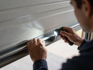 Over-shoulder shot of a technician inspecting a garage door track and roller with a flashlight, natural daylight from the open bay, hands and tools visible