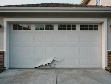 Wide shot of a residential garage exterior with a dented and misaligned door panel, morning overcast light, concrete driveway, no vehicles or people