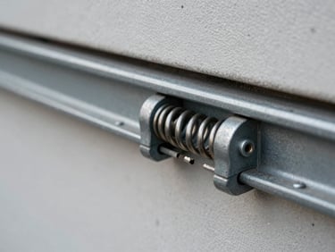Close-up of a broken torsion spring on a residential garage door track, overcast daylight, raw metal texture, no people visible