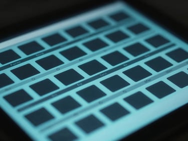 Macro close-up of digital interface displaying structured inventory grids, cool cyan screen glow