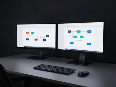 Sleek minimalist desk setup with glowing monitors showing clean data pipelines, low-key ambient lighting