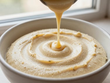 A stream of creamy tahini being drizzled over a bowl, rich saturated Mediterranean tones, bright natural window light