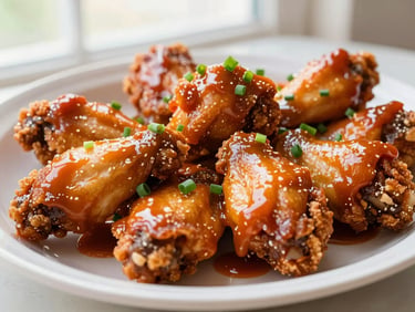 Platter of crispy chicken wings tossed in rich, glossy buffalo sauce, garnished with fresh chives, shallow depth of field
