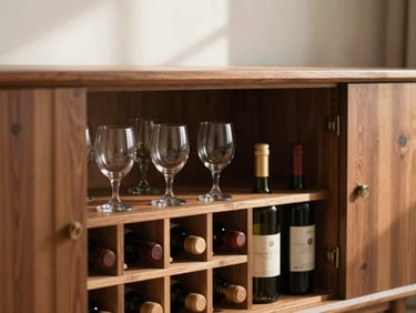 Warm editorial photography of a closed storage wine sideboard credenza styled with glassware and bottles, rich oak wood, soft morning light, shallow depth of field