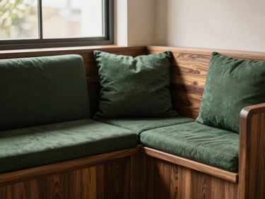 Warm editorial photography of a beautifully styled corner breakfast nook with rich walnut wood and deep forest green cushions, morning light, showing comfortable seating, shallow depth of field
