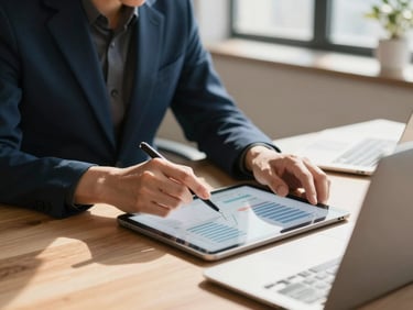 Focused professional analyzing clean data flows on a tablet in a modern collaborative workspace, soft natural light, crisp architectural shadows