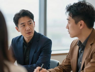 Editorial medium-close up of two focused professionals in a collaborative strategy session, soft natural window light, deep blue tones, shallow depth of field, 35mm