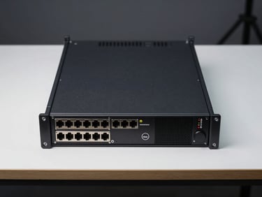 Overhead flat-lay of a rack-mount server unit on a workbench, ports and drive bays visible, studio strobe lighting, clean white surface, no people