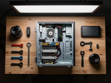 Overhead flat-lay of a workbench with an open server chassis, tools arranged neatly beside it, studio lighting from above casting minimal shadows, focus on internal component layout