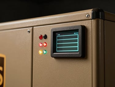 Extreme close-up of UPS unit front panel with LED indicators and battery status display, studio strobe lighting, dark background, no people