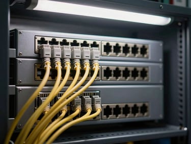 Close-up of network switches stacked in a rack with labeled patch cables routed neatly, studio strobe lighting from above, dark rack background, no people