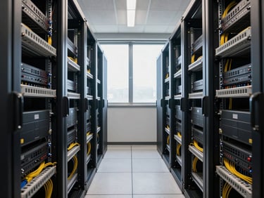 Wide environmental shot of a clean server room with organized cable management trays mounted above rack rows, natural light from a frosted window at the far end, no people present